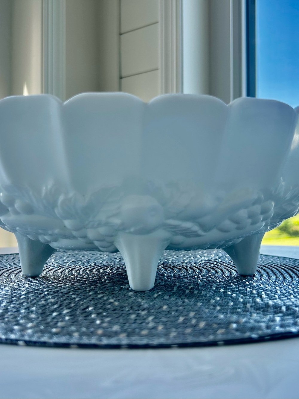 Indiana Milk Glass Footed Oval Grape Harvest Fruit Bowl Centerpiece